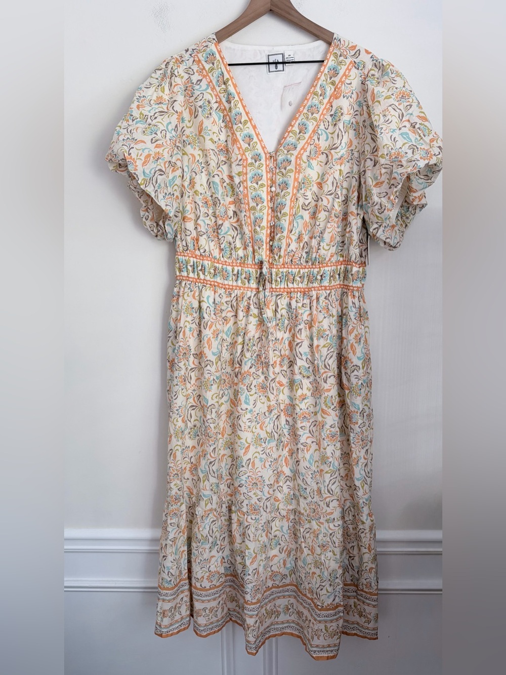 LEA Floral Puff Sleeve Midi Dress Cream Orange Pockets